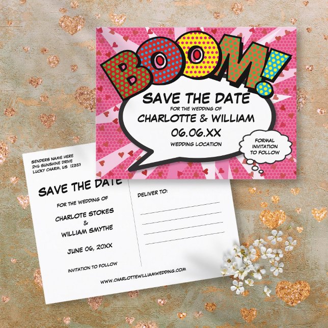 Save the Date Comic Book BOOM Modern Pink Fun Announcement Postcard (Save the Date Comic Book BOOM Modern Pink Fun Announcement Postcard)