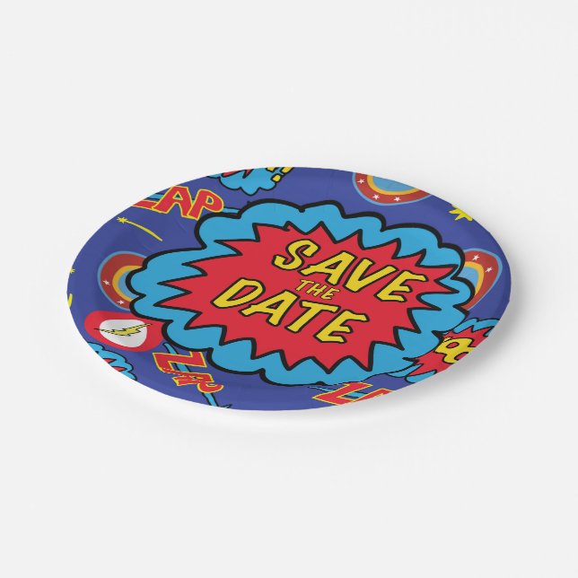 Save the Date Comic Heroes Paper Plate (Angled)