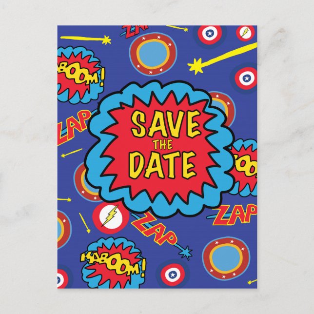 Save the Date Comic Heroes Postcard (Front)