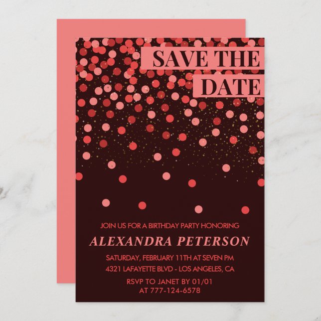 Save the date Confetti Red 96th birthday Invitation (Front/Back)