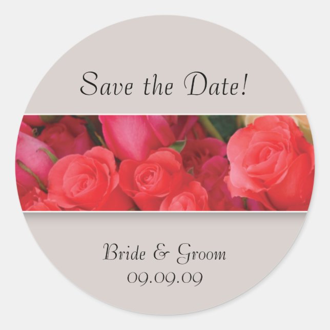Save the Date Coral Roses Wedding Stickers (Front)