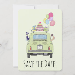 Save the Date Couple in Fiat 500.  Invitation