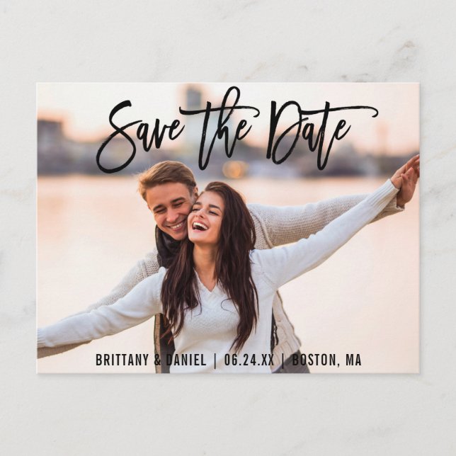 Save The Date Couple Photo Brush Script B Card (Front)