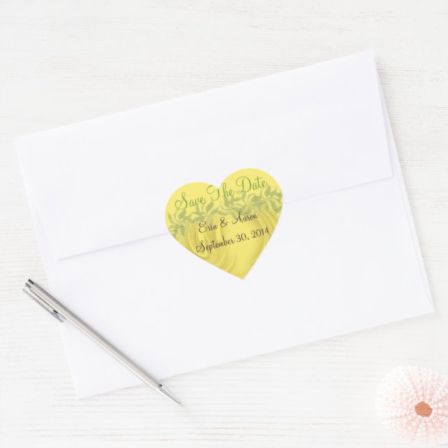 "Save the Date" Curls Over Yellow Personalised Heart Sticker (Envelope)