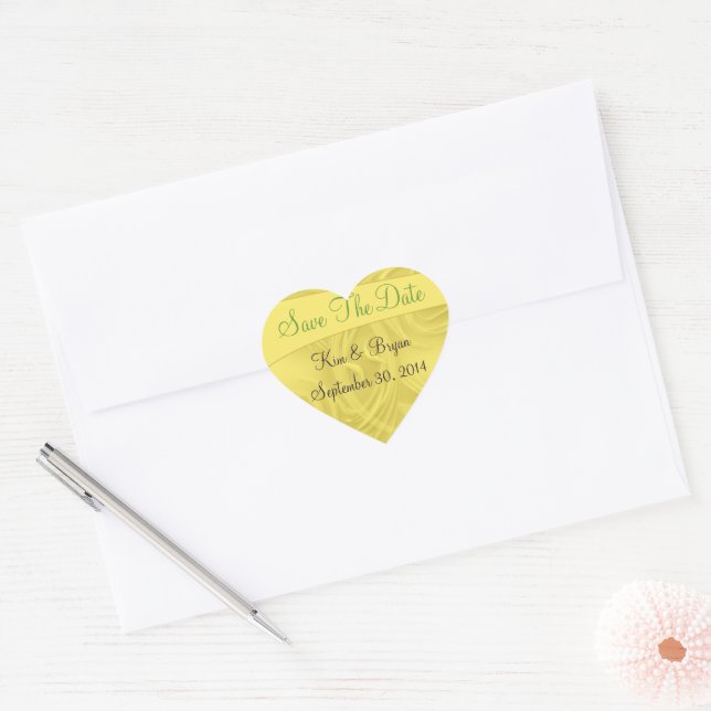 "Save the Date" Curls Over Yellow Personalised Heart Sticker (Envelope)