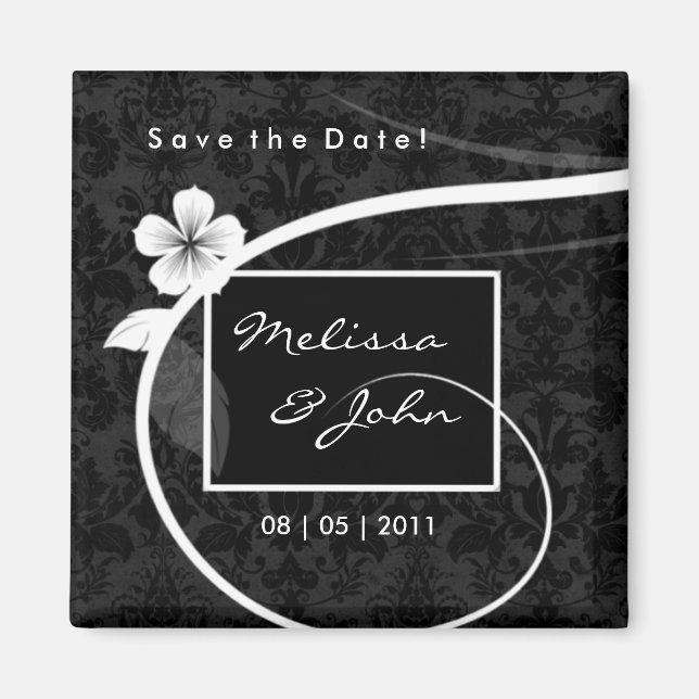 Save the Date Custom Floral Magnet Black White (Front)
