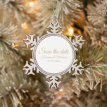 Save the Date, custom script Wedding Announcement Snowflake Pewter Christmas Ornament<br><div class="desc">Save the Date,  custom script text Wedding Announcement Snowflake Pewter Christmas Ornament.
Elegant faux gold and white ornament.</div>