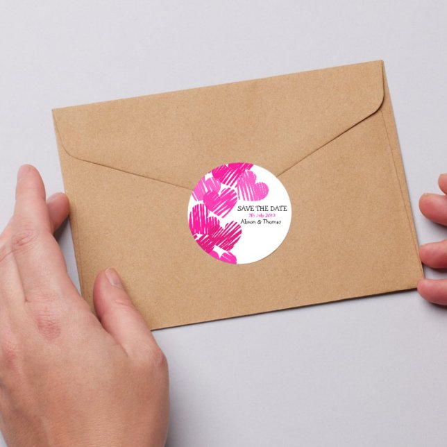 Save the Date Cute Pink Hand-Drawn Hearts  Classic Round Sticker (Creator Uploaded)