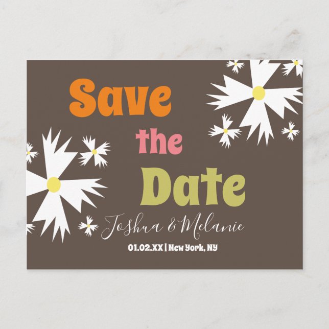 Save the Date Daisy Groovy Floral Brown Postcard (Front)