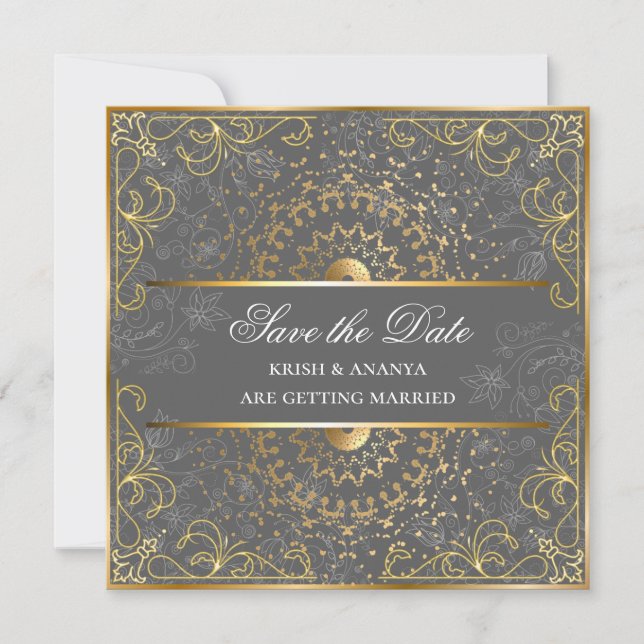 Save the date, Dazzling Grey and Gold Wedding Invitation (Front)