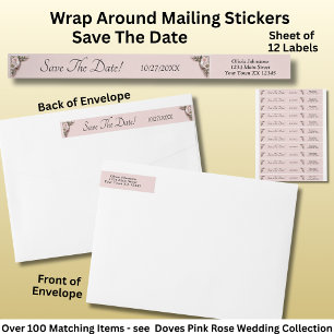 Save The Date, Doves & Pink Roses  Wrap Around Label