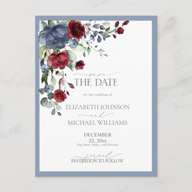 Save The Date Dusty Blue Burgundy Wedding Announcement Postcard (Front)