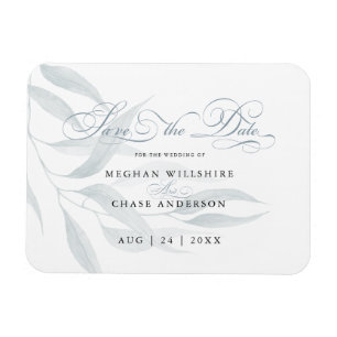 Save the Date Dusty Blue Eucalyptus Leaves White Magnet