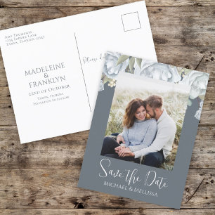 Save the Date Dusty Blue Floral Elegant Wedding Postcard