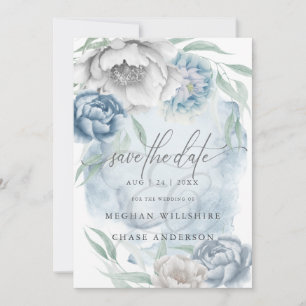 Save the Date Dusty Blue Ivory Rustic Flowers  Invitation