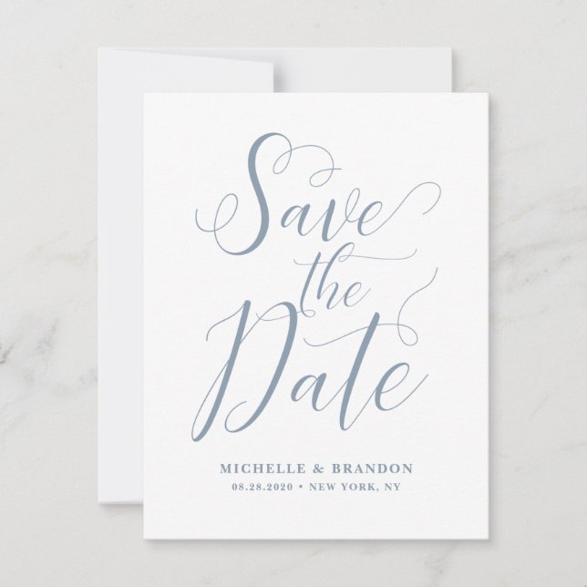 Save the Date Dusty Blue Modern Script Card (Front)