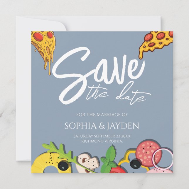 Save The Date Dusty Blue PIZZA Modern Chic (Front)
