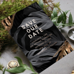 Save The Date Elegant Black Gold Leaves Floral