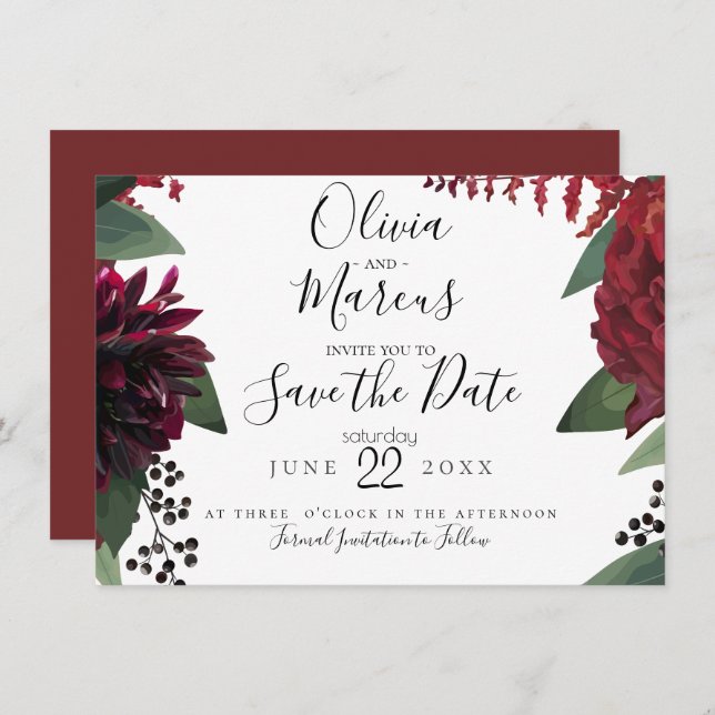SAVE THE DATE | Elegant Burgundy Marsala Floral Invitation (Front/Back)