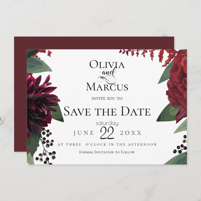 SAVE THE DATE | Elegant Burgundy Marsala Floral Invitation (Front/Back)