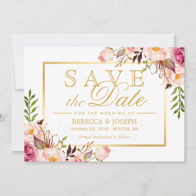 Save the Date Elegant Chic Pink Floral Gold Frame (Front)