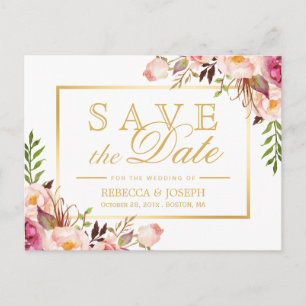 Save the Date Elegant Chic Pink Floral Gold Frame Announcement Postcard
