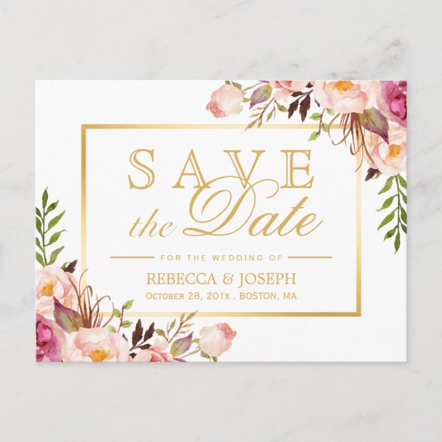 Save the Date Elegant Chic Pink Floral Gold Frame Announcement Postcard (Front)