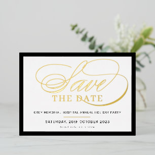 SAVE THE DATE elegant fancy script black gold