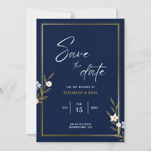 Save the Date - Elegant navy blue and gold floral Magnetic Invitation