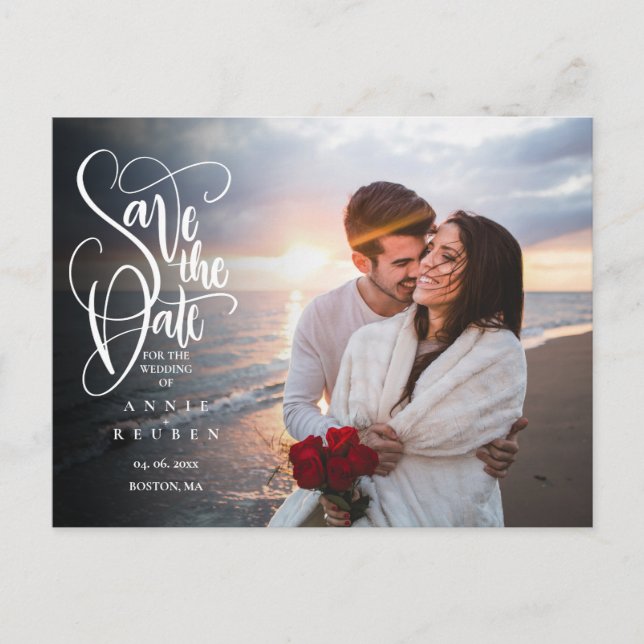 Save the Date Elegant Script Photo QR Code Postcard (Front)
