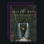 Save the date elegant script vertical photo card<br><div class="desc">With simple but elegant typography, this save the date is a classic design that features a single vertical photo. The white wording is placed at the top of the photo along with a darkening filter to allow for better legibility. The back is a speckled deep plum shade of purple, but...</div>