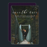 Save the date elegant script vertical photo card<br><div class="desc">With simple but elegant typography, this save the date is a classic design that features a single vertical photo. The white wording is placed at the top of the photo along with a darkening filter to allow for better legibility. The back is a speckled deep plum shade of purple, but...</div>