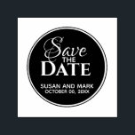 Save The Date elegant typography minimalist script Self-inking Stamp<br><div class="desc">A plain and elegant design of a circle in which the words "save the date" appear in a flowing and bold modern script with the bridal couples name and the date of the wedding or event below it.</div>