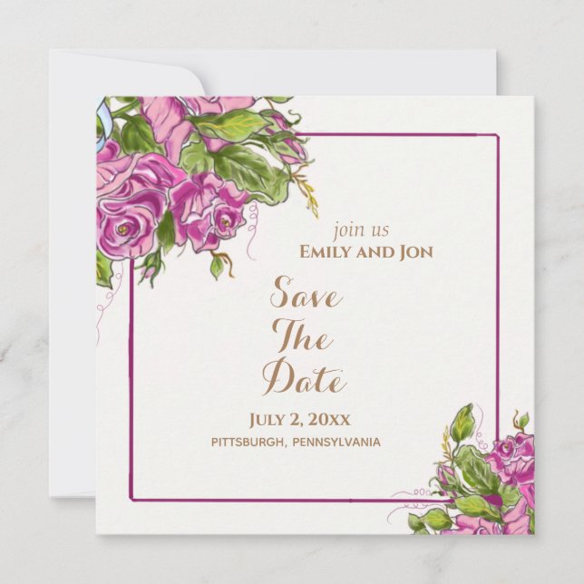 Save the Date Elegant Watercolor Pink Roses Card (Front)
