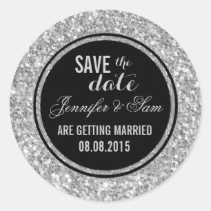 Save The Date-Elegant White And Grey Glitter Classic Round Sticker