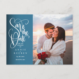 Save the Date Elegant White Script Photo Postcard