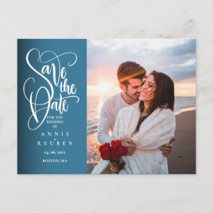 Save the Date Elegant White Script Photo Postcard