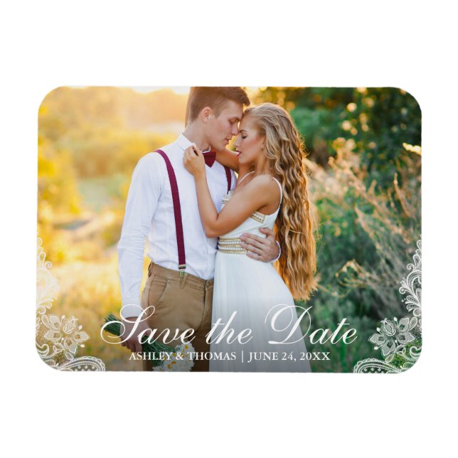 Save the Date Engagement Couple Photo Lace Magnet (Horizontal)