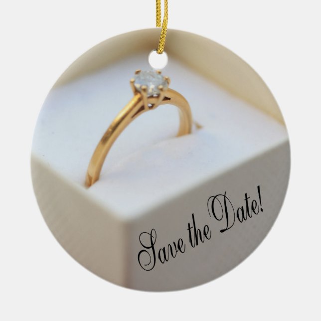 Save the Date Engagement ring in box Ceramic Tree Decoration (Front)