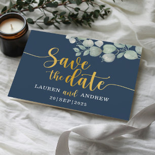 Save the Date Eucalyptus Navy & Gold Wedding Postcard
