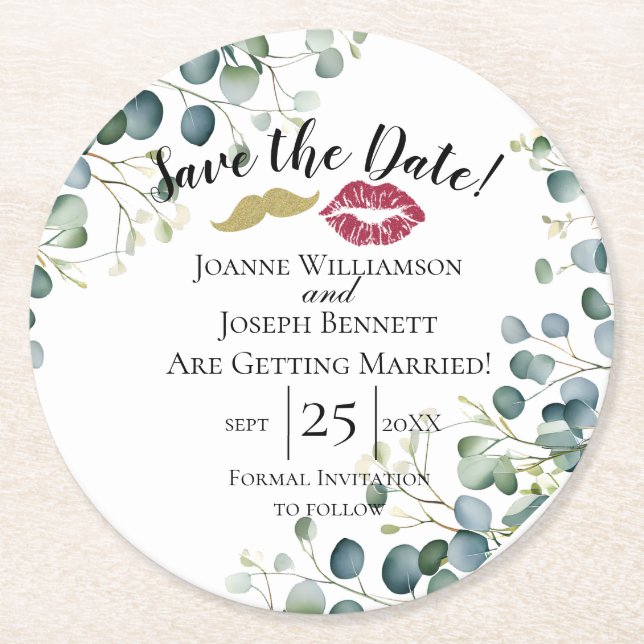 save the date eucalyptus wedding day lips tash round paper coaster (Front)