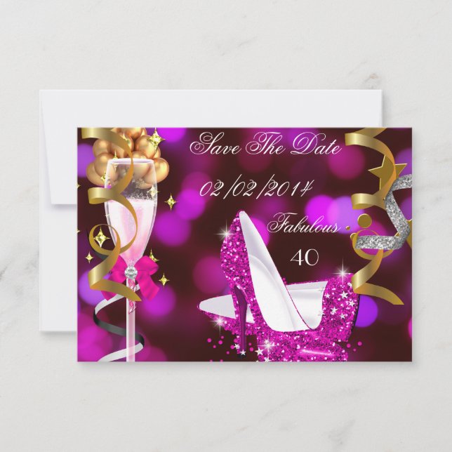Save The Date Fabulous 40 Hot Pink Gold Bubbles (Front)