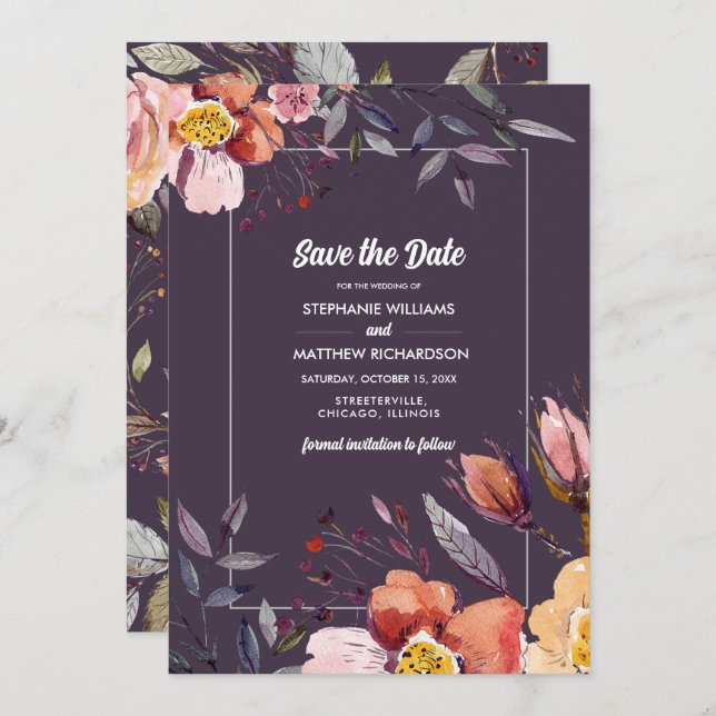 Save the Date. Fall Flowers Plum Wedding  Invitation (Front/Back)