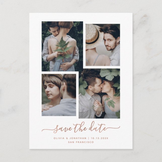Save the Date | Faux Rose Gold Four Photo Collage Postcard (Front)