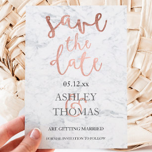 Save the Date faux Rose gold script white marble Announcement Postcard