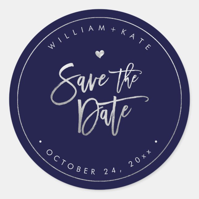 Save the Date, Faux Silver Script, DIY Background Classic Round Sticker (Front)