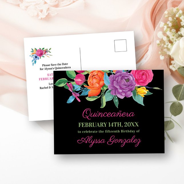Save the Date Fiesta Flowers Black and Floral Announcement Postcard (Save the Date Postcard Invitation from my Fiesta Flowers Quinceanera Collection)
