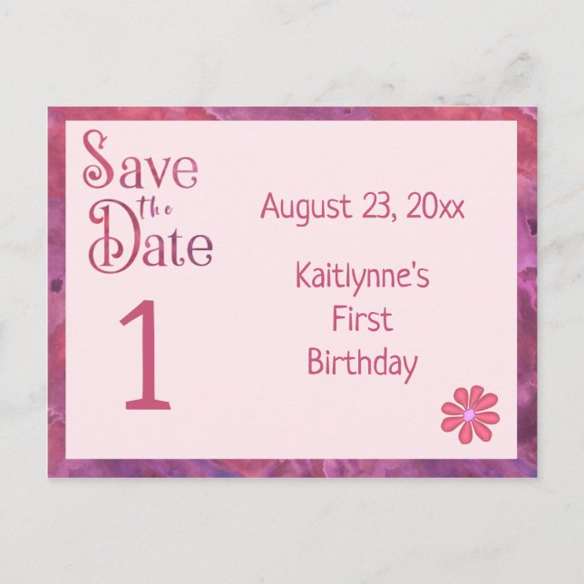 Save the Date First Birthday for a Girl Announcement Postcard (Front)