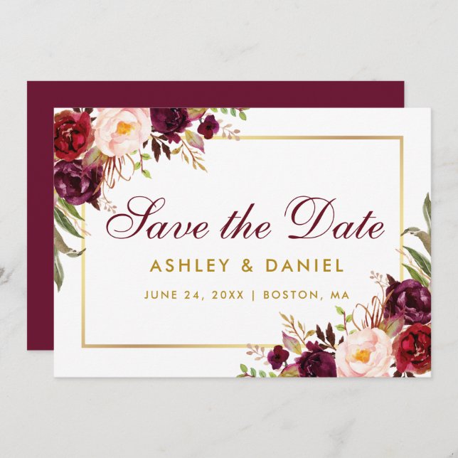 Save The Date Floral Burgundy Gold BB (Front/Back)