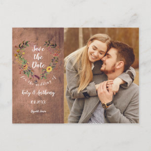 Save the Date Floral Heart Rustic Photo Wedding Announcement Postcard